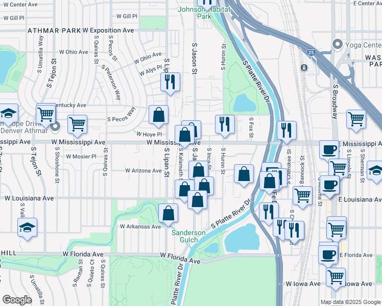 map of restaurants, bars, coffee shops, grocery stores, and more near 1124 South Kalamath Street in Denver