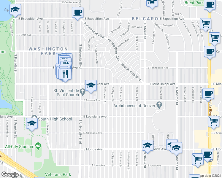 map of restaurants, bars, coffee shops, grocery stores, and more near 1127 South Clayton Street in Denver