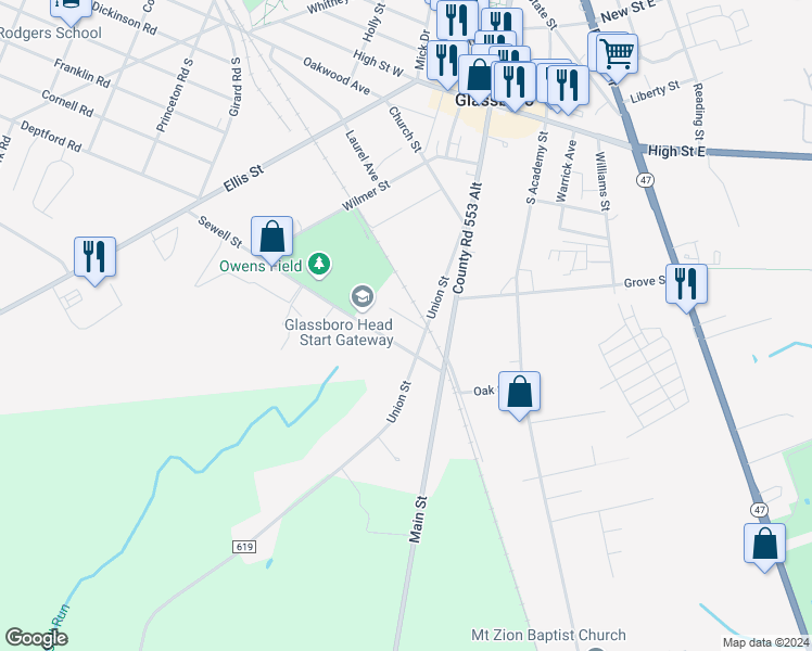 map of restaurants, bars, coffee shops, grocery stores, and more near 6 Glassboro Avenue in Glassboro