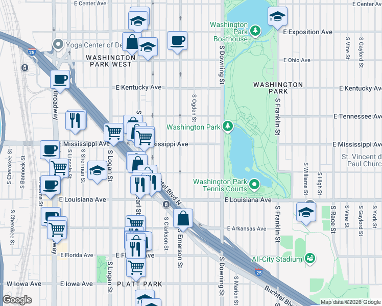 map of restaurants, bars, coffee shops, grocery stores, and more near 1127 South Ogden Street in Denver