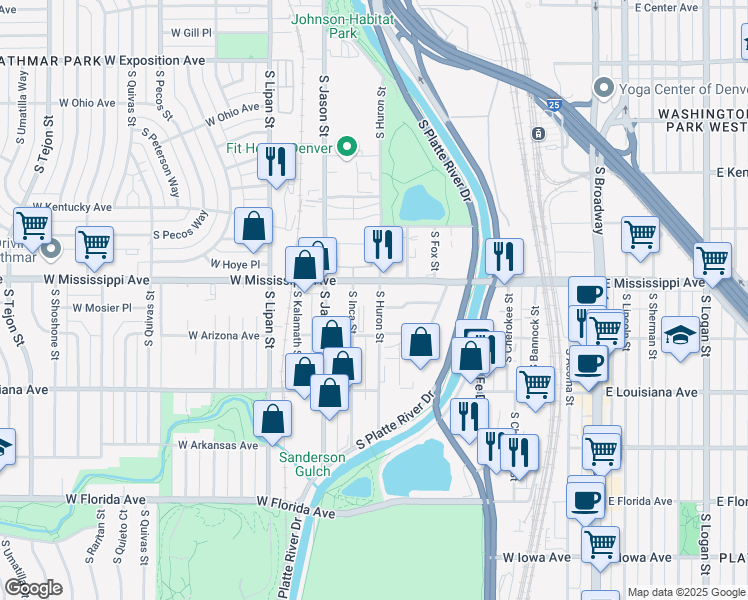 map of restaurants, bars, coffee shops, grocery stores, and more near 1141 South Huron Street in Denver