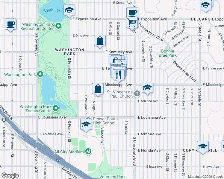 map of restaurants, bars, coffee shops, grocery stores, and more near 1126 South Vine Street in Denver