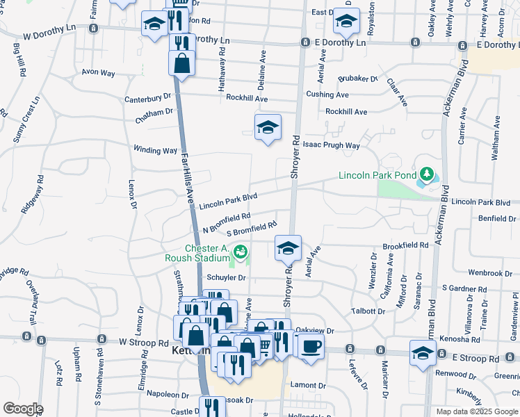 map of restaurants, bars, coffee shops, grocery stores, and more near 313 North Bromfield Road in Dayton