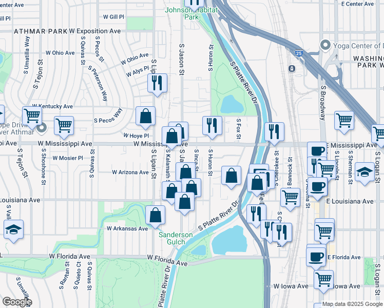map of restaurants, bars, coffee shops, grocery stores, and more near 1125 South Inca Street in Denver