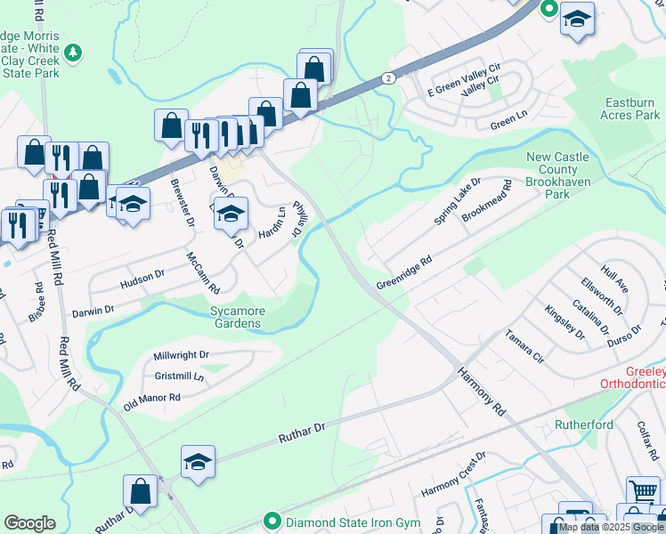 map of restaurants, bars, coffee shops, grocery stores, and more near 318 Old Harmony Road in Newark