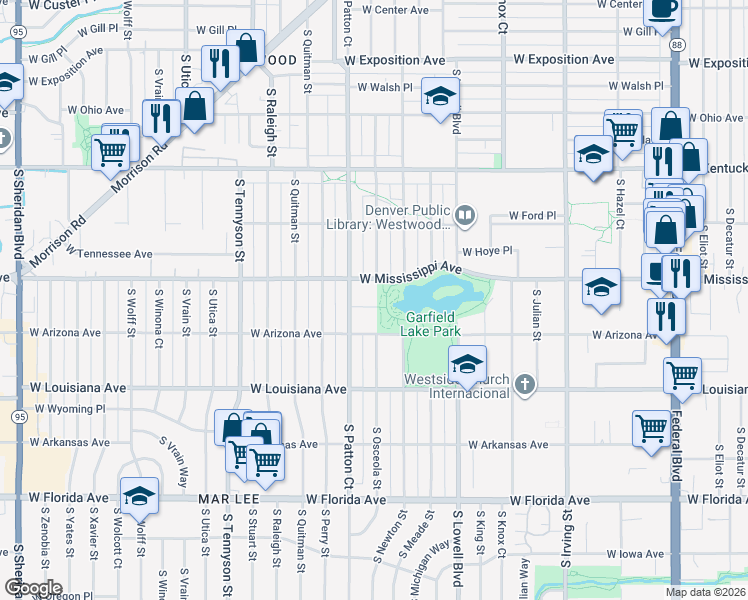 map of restaurants, bars, coffee shops, grocery stores, and more near 3901 West Mosier Place in Denver