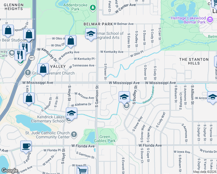 map of restaurants, bars, coffee shops, grocery stores, and more near 1107 South Flower Circle in Lakewood