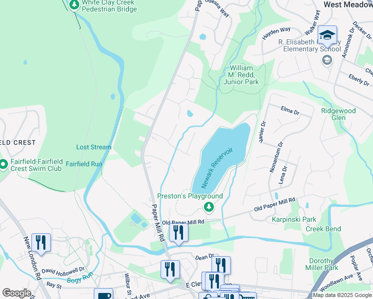map of restaurants, bars, coffee shops, grocery stores, and more near 124 Register Drive in Newark
