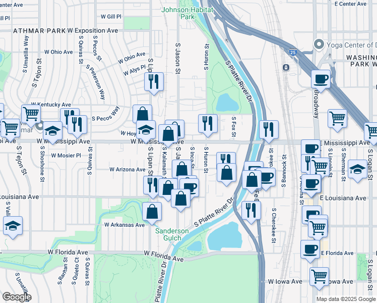 map of restaurants, bars, coffee shops, grocery stores, and more near 1125 South Inca Street in Denver