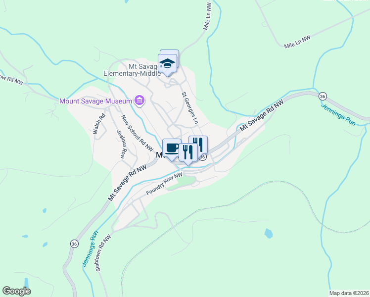map of restaurants, bars, coffee shops, grocery stores, and more near in Mount Savage
