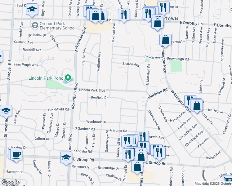 map of restaurants, bars, coffee shops, grocery stores, and more near 1106 Lincoln Park Boulevard in Dayton
