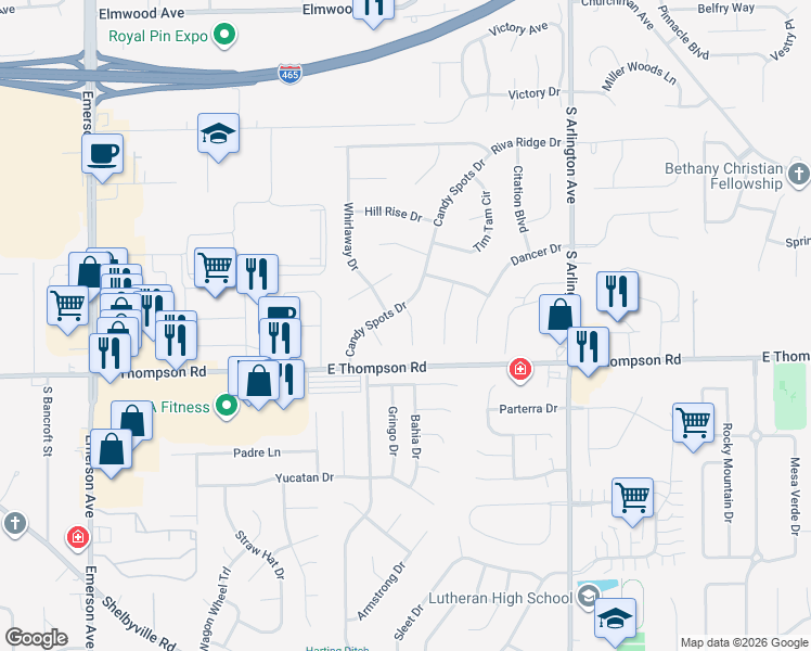map of restaurants, bars, coffee shops, grocery stores, and more near 4912 Candy Spots Court in Indianapolis