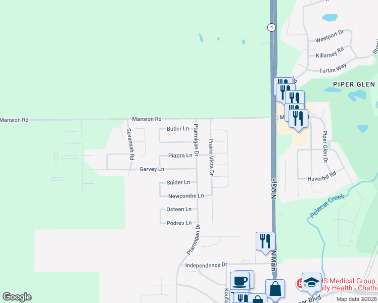 map of restaurants, bars, coffee shops, grocery stores, and more near 303 Piazza Lane in Chatham