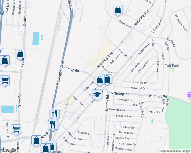 map of restaurants, bars, coffee shops, grocery stores, and more near 3941 Fulton Avenue in Moraine