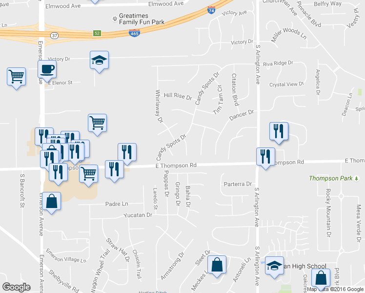 map of restaurants, bars, coffee shops, grocery stores, and more near 4912 Candy Spots Court in Indianapolis