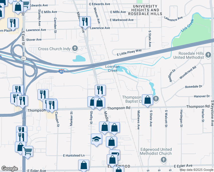 map of restaurants, bars, coffee shops, grocery stores, and more near 1250 Morgan Drive in Indianapolis