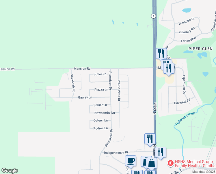map of restaurants, bars, coffee shops, grocery stores, and more near 303 Piazza Lane in Chatham