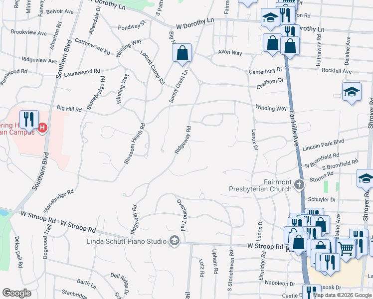 map of restaurants, bars, coffee shops, grocery stores, and more near 3501 Meadow Lane in Dayton