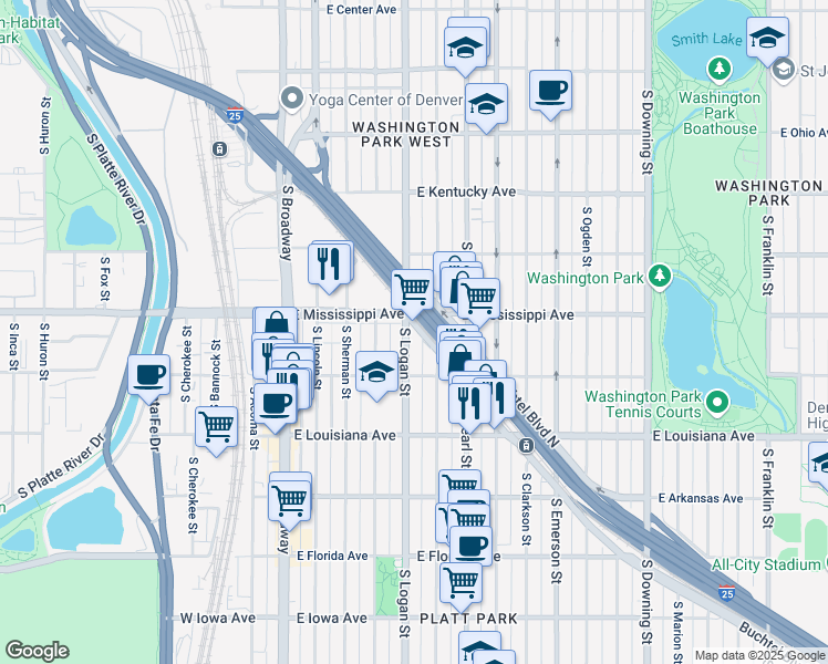 map of restaurants, bars, coffee shops, grocery stores, and more near 1120 South Logan Street in Denver