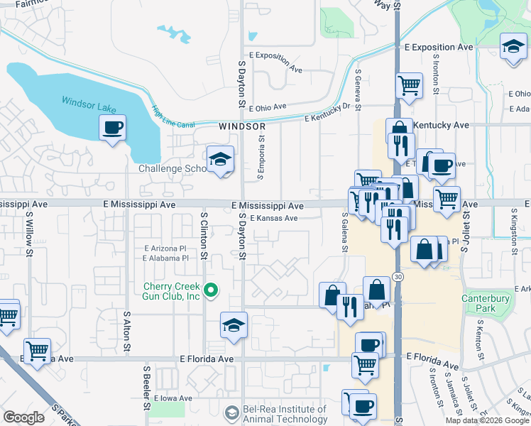 map of restaurants, bars, coffee shops, grocery stores, and more near 9829 East Kansas Avenue in Aurora