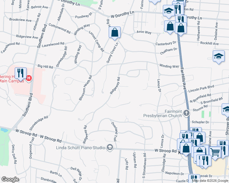 map of restaurants, bars, coffee shops, grocery stores, and more near 3501 Meadow Lane in Dayton