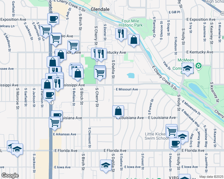 map of restaurants, bars, coffee shops, grocery stores, and more near 1121 South Dahlia Street in Denver