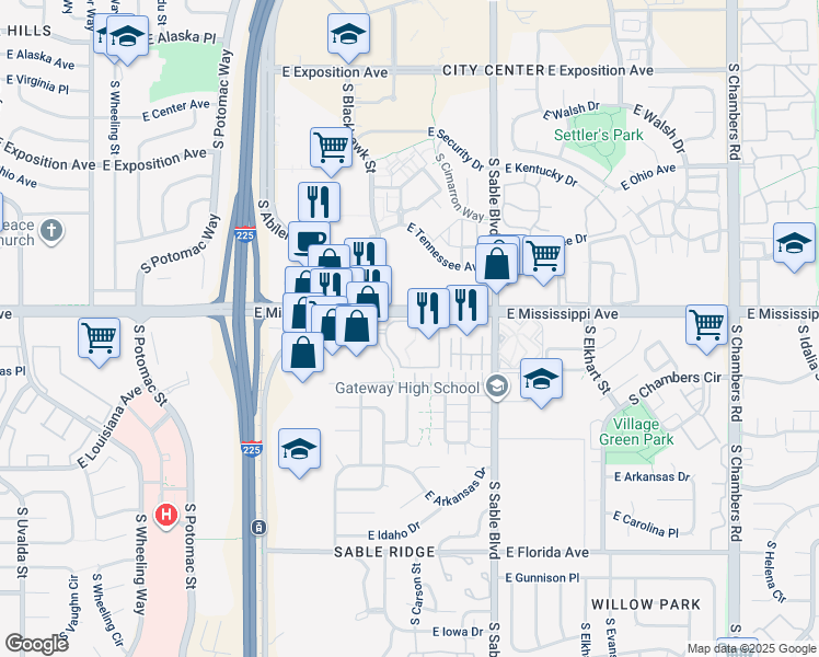 map of restaurants, bars, coffee shops, grocery stores, and more near 1 East Mississippi Place in Aurora