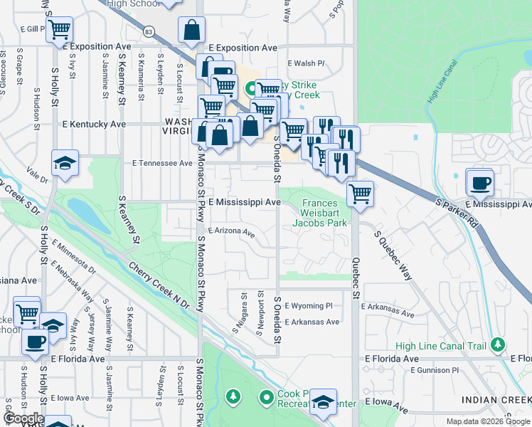 map of restaurants, bars, coffee shops, grocery stores, and more near 6890 East Mississippi Avenue in Denver