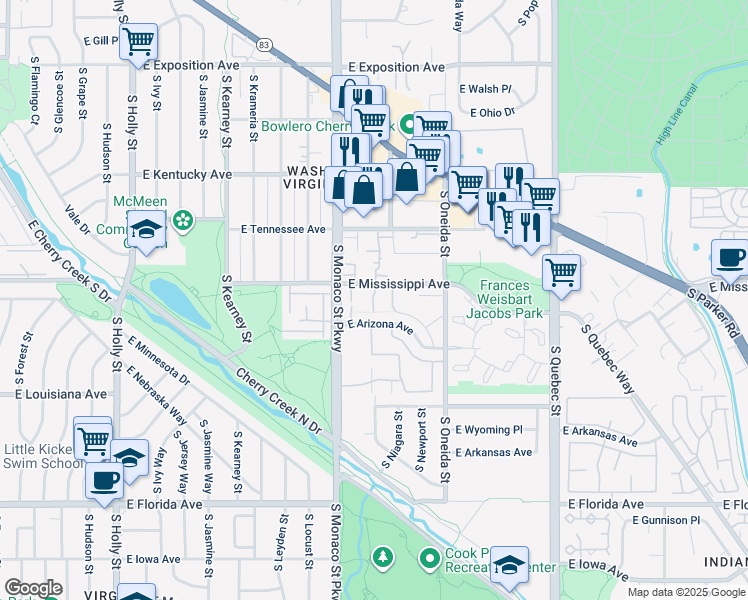 map of restaurants, bars, coffee shops, grocery stores, and more near 6620 East Mississippi Avenue in Denver