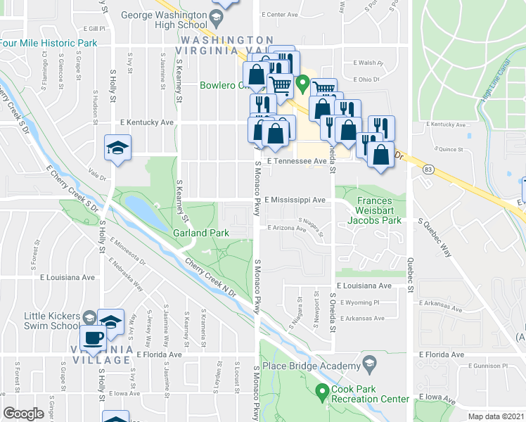 map of restaurants, bars, coffee shops, grocery stores, and more near 1140 South Monaco Parkway in Denver