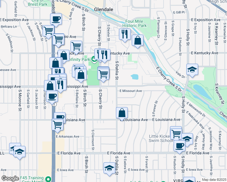map of restaurants, bars, coffee shops, grocery stores, and more near 4700 East Mississippi Avenue in Denver