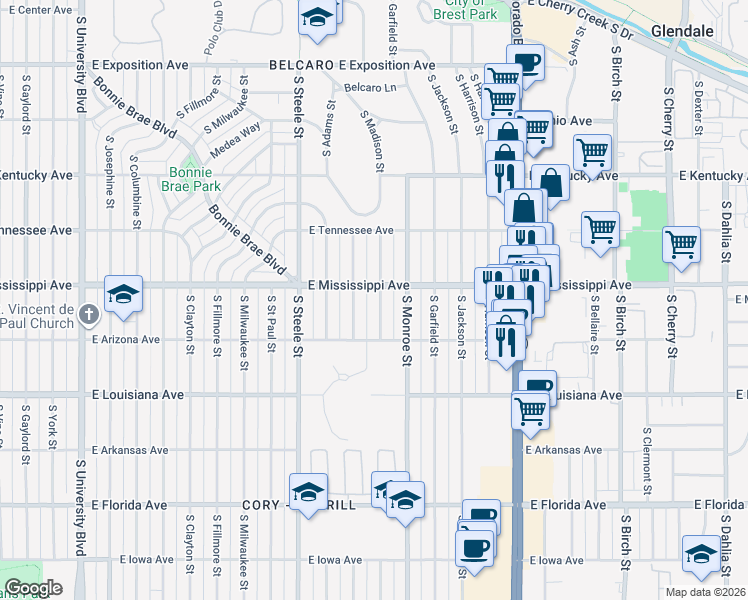 map of restaurants, bars, coffee shops, grocery stores, and more near 1130 South Cook Street in Denver
