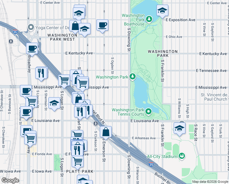 map of restaurants, bars, coffee shops, grocery stores, and more near 1127 South Ogden Street in Denver