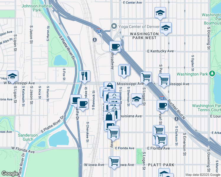map of restaurants, bars, coffee shops, grocery stores, and more near 1145 South Broadway in Denver