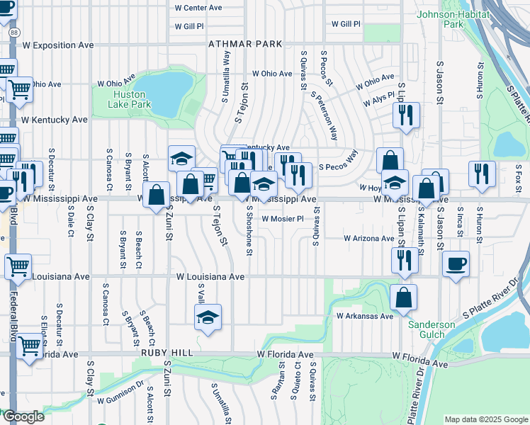 map of restaurants, bars, coffee shops, grocery stores, and more near 1148 South Shoshone Street in Denver