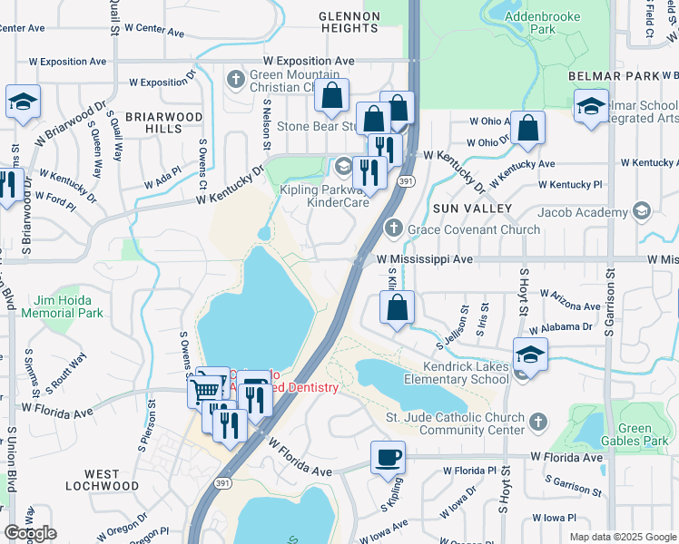 map of restaurants, bars, coffee shops, grocery stores, and more near 10250 West Mississippi Avenue in Lakewood