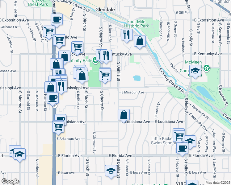 map of restaurants, bars, coffee shops, grocery stores, and more near 4700 East Mississippi Avenue in Denver