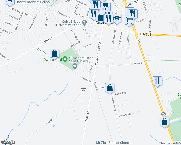 map of restaurants, bars, coffee shops, grocery stores, and more near 118 Union Street in Glassboro
