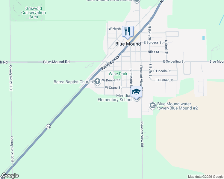 map of restaurants, bars, coffee shops, grocery stores, and more near 401 South Prairie Street in Blue Mound