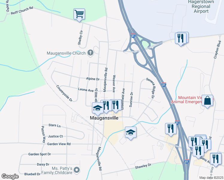 map of restaurants, bars, coffee shops, grocery stores, and more near 13902 Weaver Avenue in Maugansville
