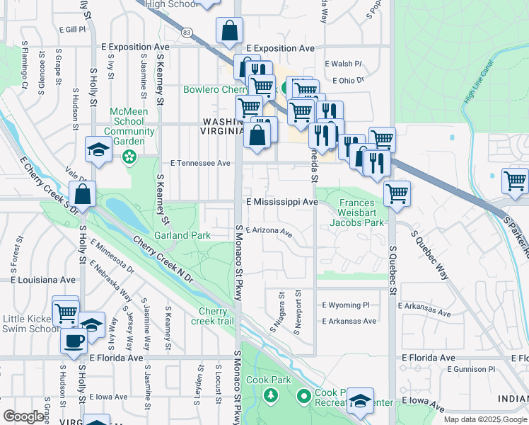 map of restaurants, bars, coffee shops, grocery stores, and more near 6620 East Mississippi Avenue in Denver