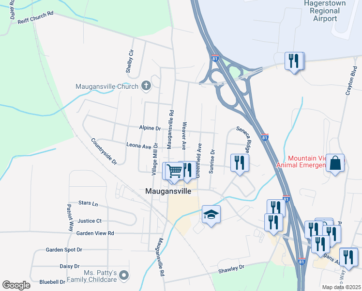 map of restaurants, bars, coffee shops, grocery stores, and more near 13902 Weaver Avenue in Maugansville