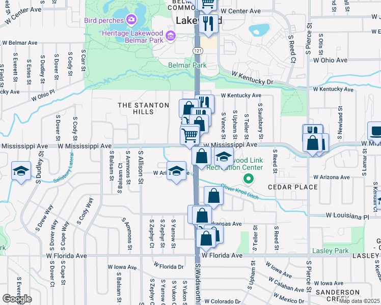 map of restaurants, bars, coffee shops, grocery stores, and more near 1115 South Wadsworth Boulevard in Lakewood