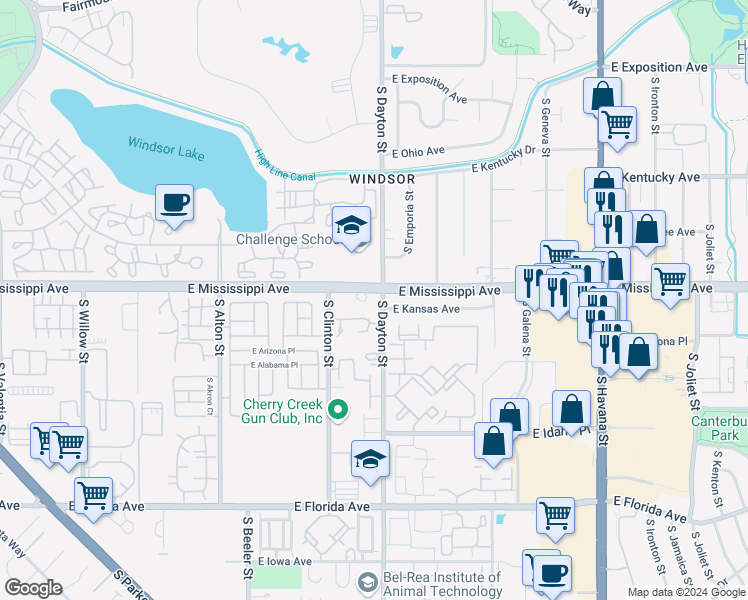 map of restaurants, bars, coffee shops, grocery stores, and more near 9650 East Mississippi Avenue in Denver