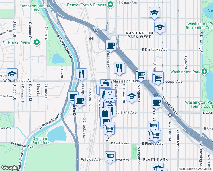 map of restaurants, bars, coffee shops, grocery stores, and more near 1145 South Broadway in Denver