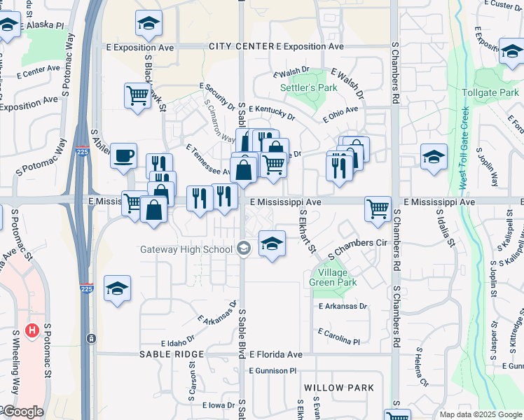 map of restaurants, bars, coffee shops, grocery stores, and more near 14618 East Mississippi Avenue in Aurora