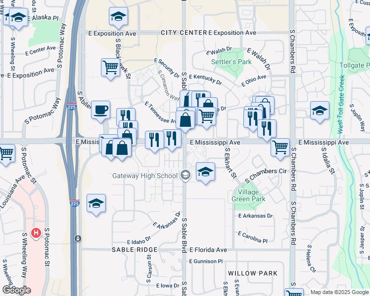 map of restaurants, bars, coffee shops, grocery stores, and more near 1119 South Sable Boulevard in Aurora