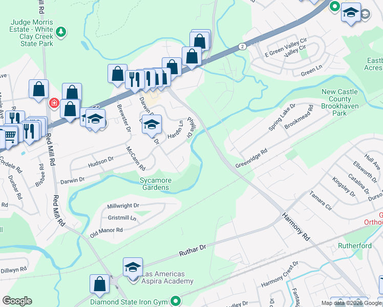 map of restaurants, bars, coffee shops, grocery stores, and more near 115 Phyllis Drive in Newark