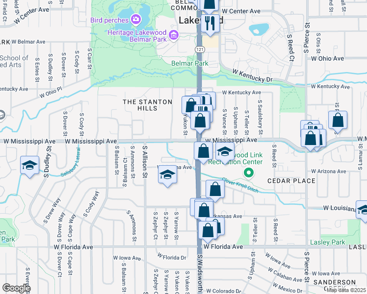 map of restaurants, bars, coffee shops, grocery stores, and more near 1115 South Wadsworth Boulevard in Lakewood