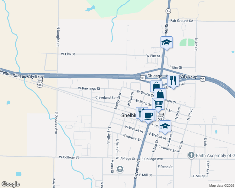 map of restaurants, bars, coffee shops, grocery stores, and more near 301-399 West Birch Street in Shelbina
